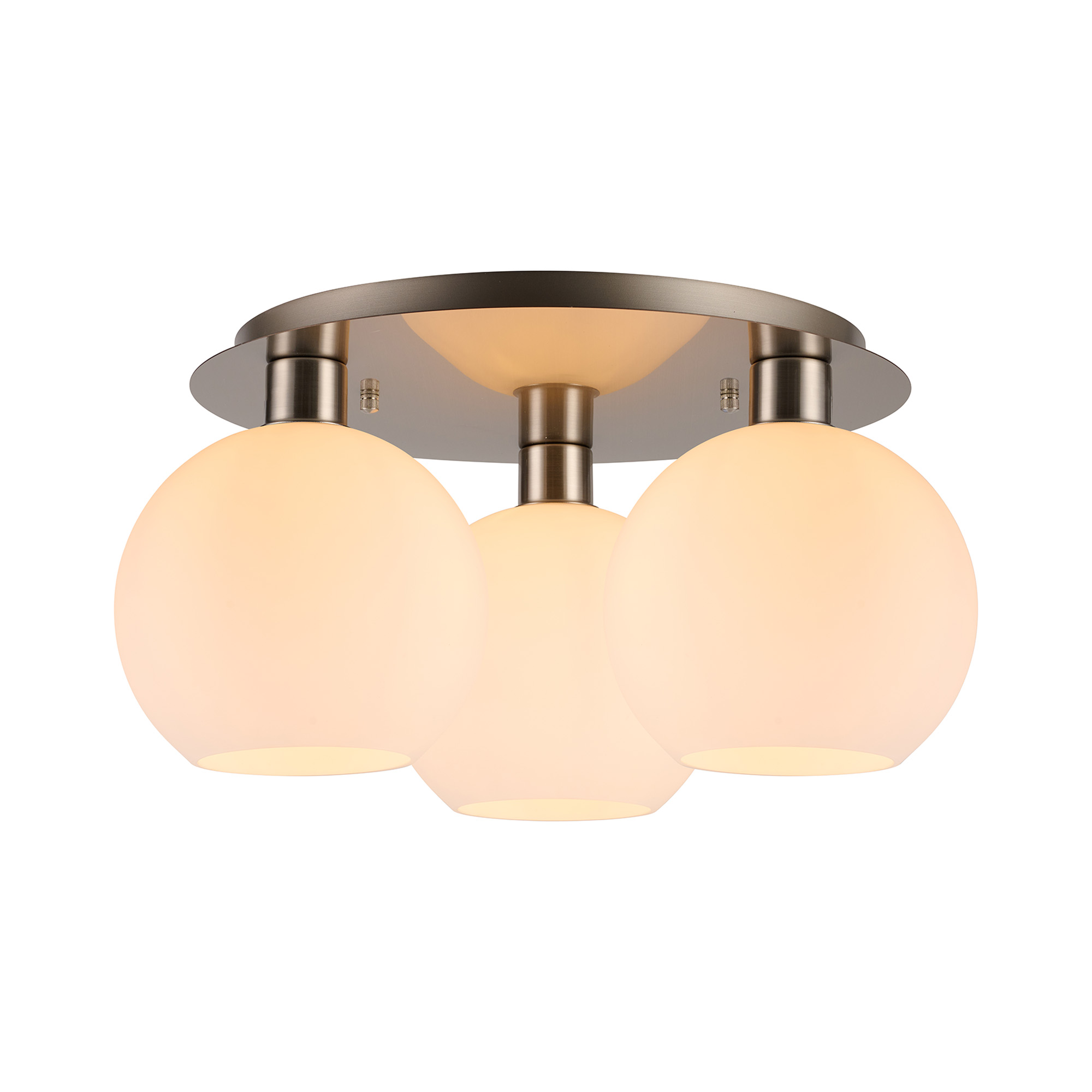 DK1428  Lori 40cm Round Ceiling Flush, 3 Light Flush Fitting, Satin Nickel/Opal Open Mouth Round Globe Shades